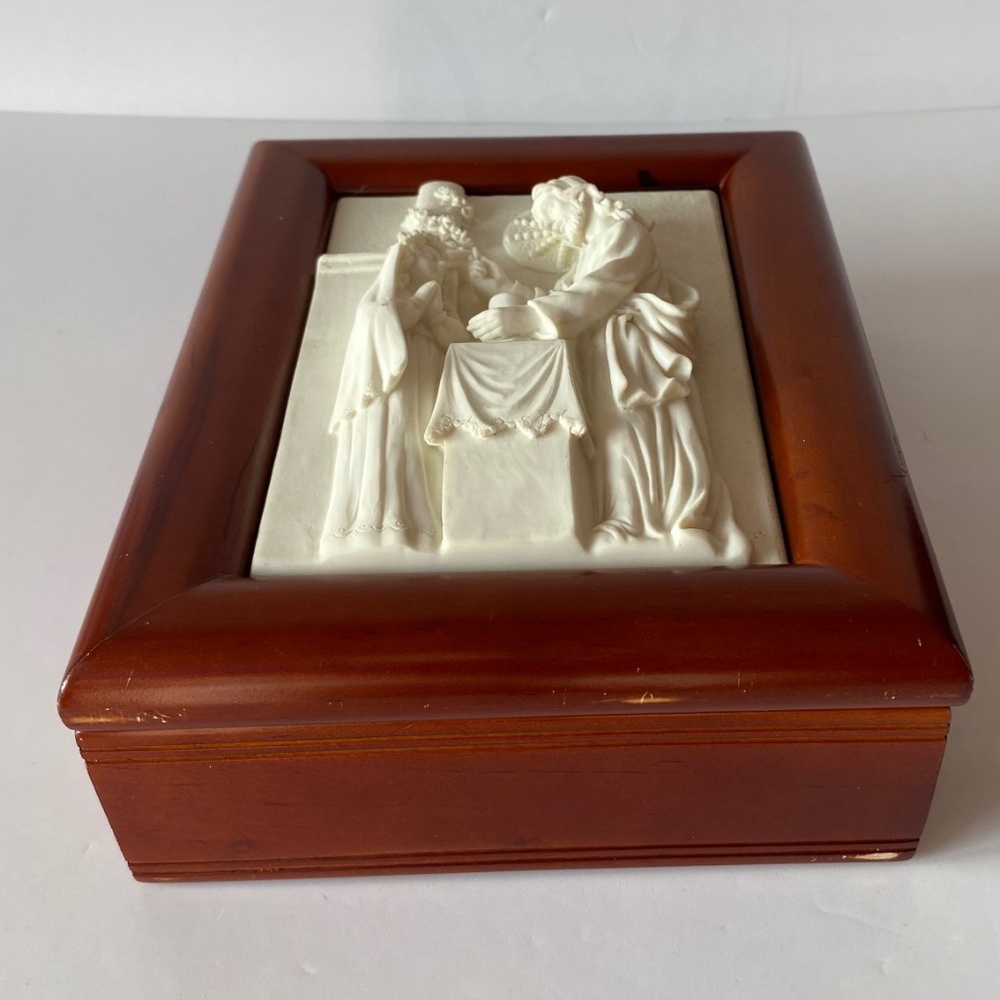 3D Alabaster Religious Plaque Inlaid in Wooden Jewelry Box Vintage